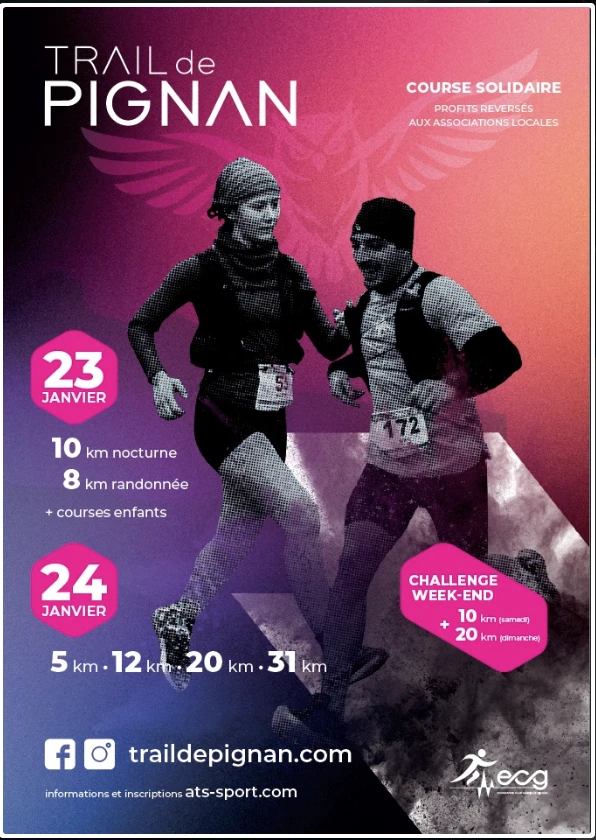 Affiche du Trail de Pignan 2027 : samedi 23 janvier, 10 km nocturne, 8 km randonnée et courses enfants ; dimanche 24 janvier, 5, 12, 20 et 31 km ; challenge week-end 10 + 20 km.